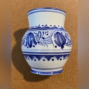 Ceramics Of Grunwald Ornate Floral White Blue Vase Hand Painted 103 R Vtg 4” 5/8